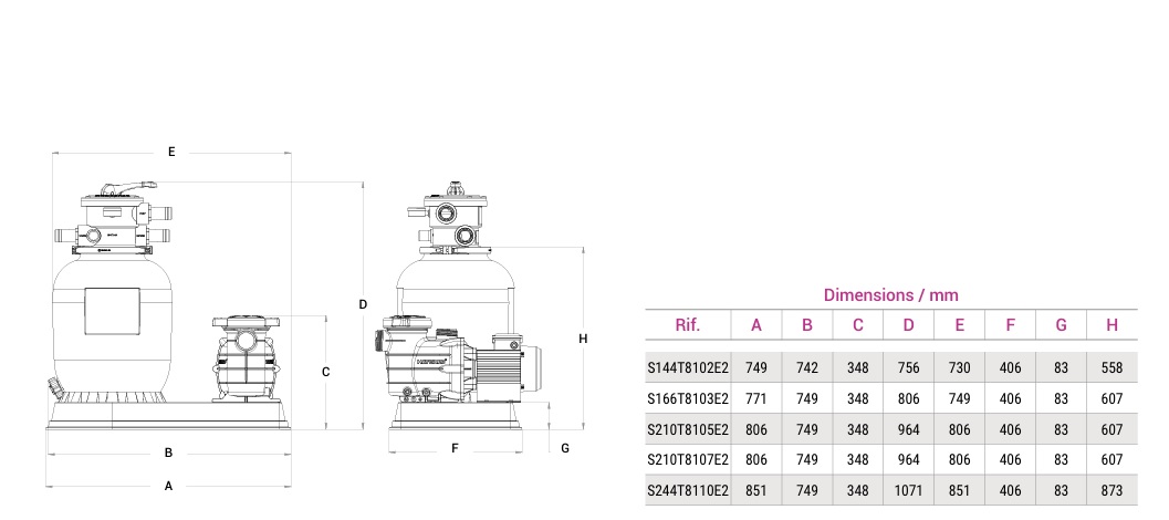 Disegno tecnico gruppo filtrazione piscina 6 m3/h con quote A-H e tabella dimensioni in mm (rif. S166T8103E2)