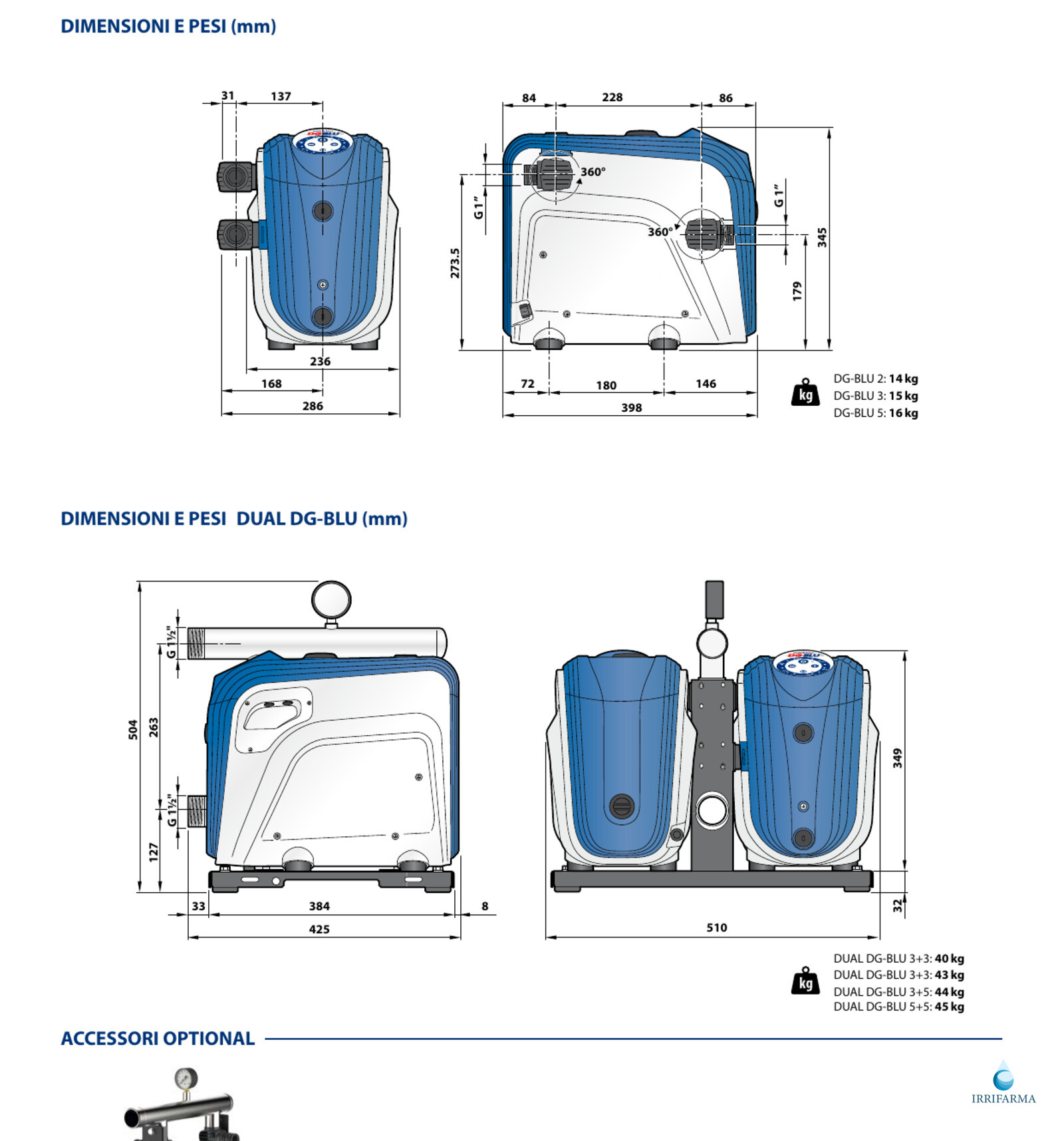 Dimensioni Pedrollo DG BLU singolo
