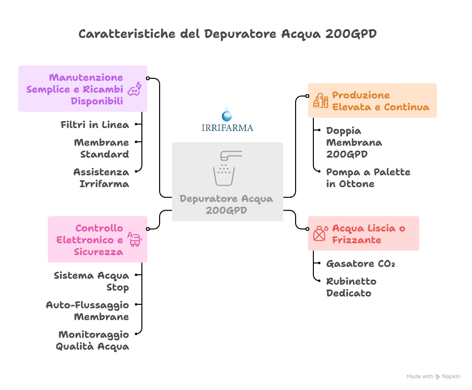 Caratteristiche del Depuratore acqua casa 200GPD a osmosi inversa Irrifarma: produzione elevata, acqua liscia o frizzante, controllo elettronico e manutenzione semplice