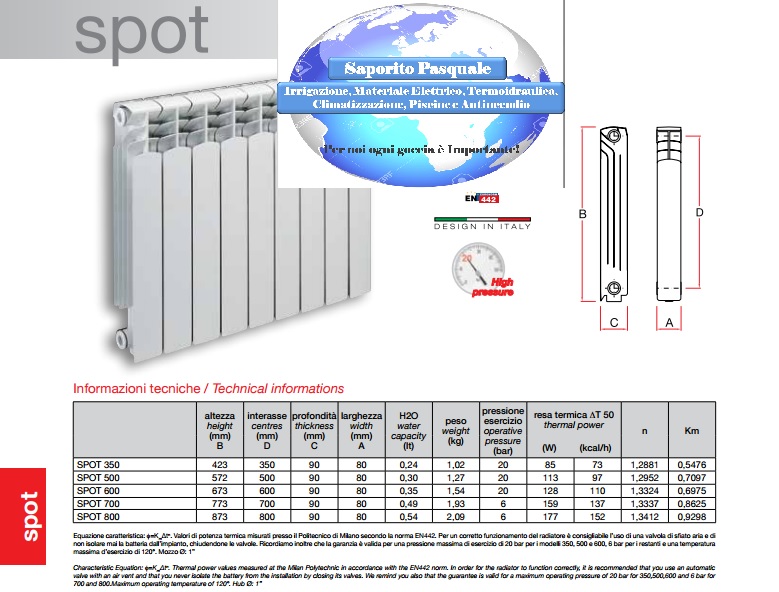 Scheda tecnica misure dimensioni radiatori alluminio Spot