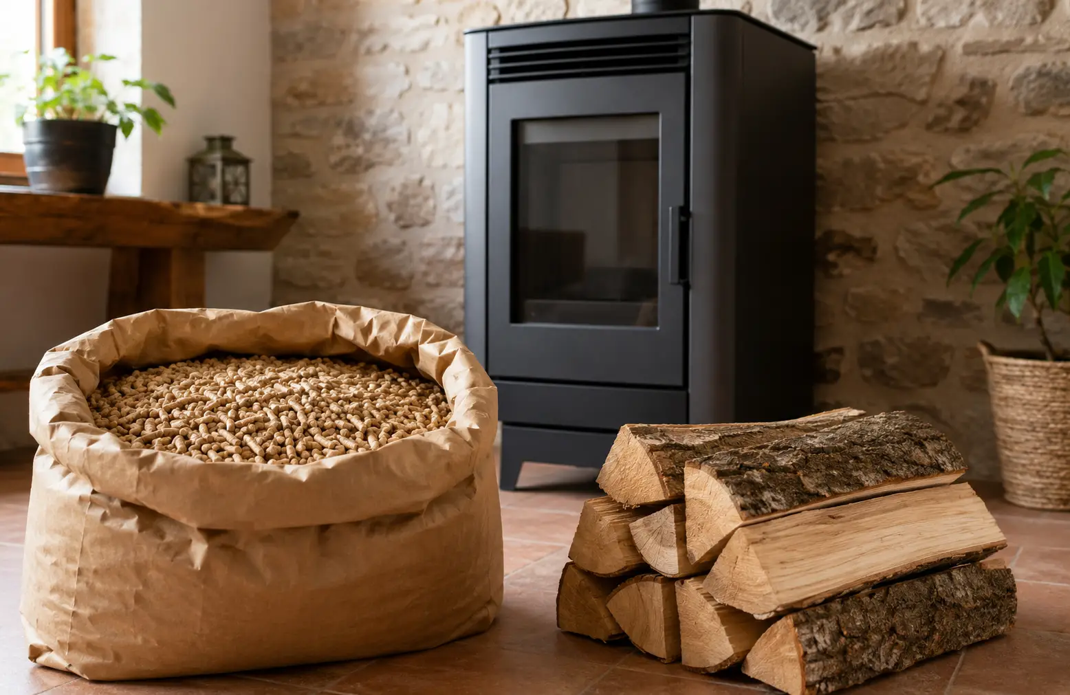 Sacco di pellet certificato e legna da ardere accanto a una stufa policombustibile